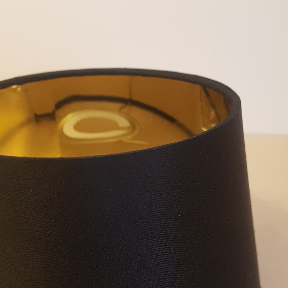 Munro and Kerr customers own material black silk and mirror gold drum lampshade