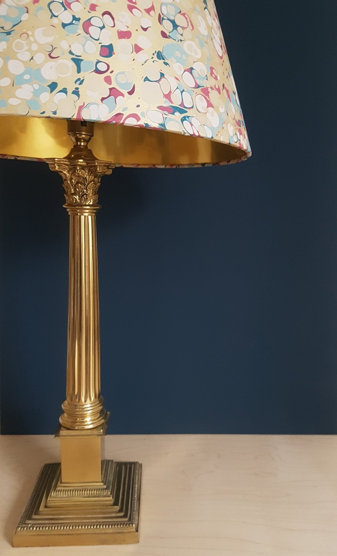 Munro and Kerr blue pink and metallic gold marbled paper for an empire lampshade