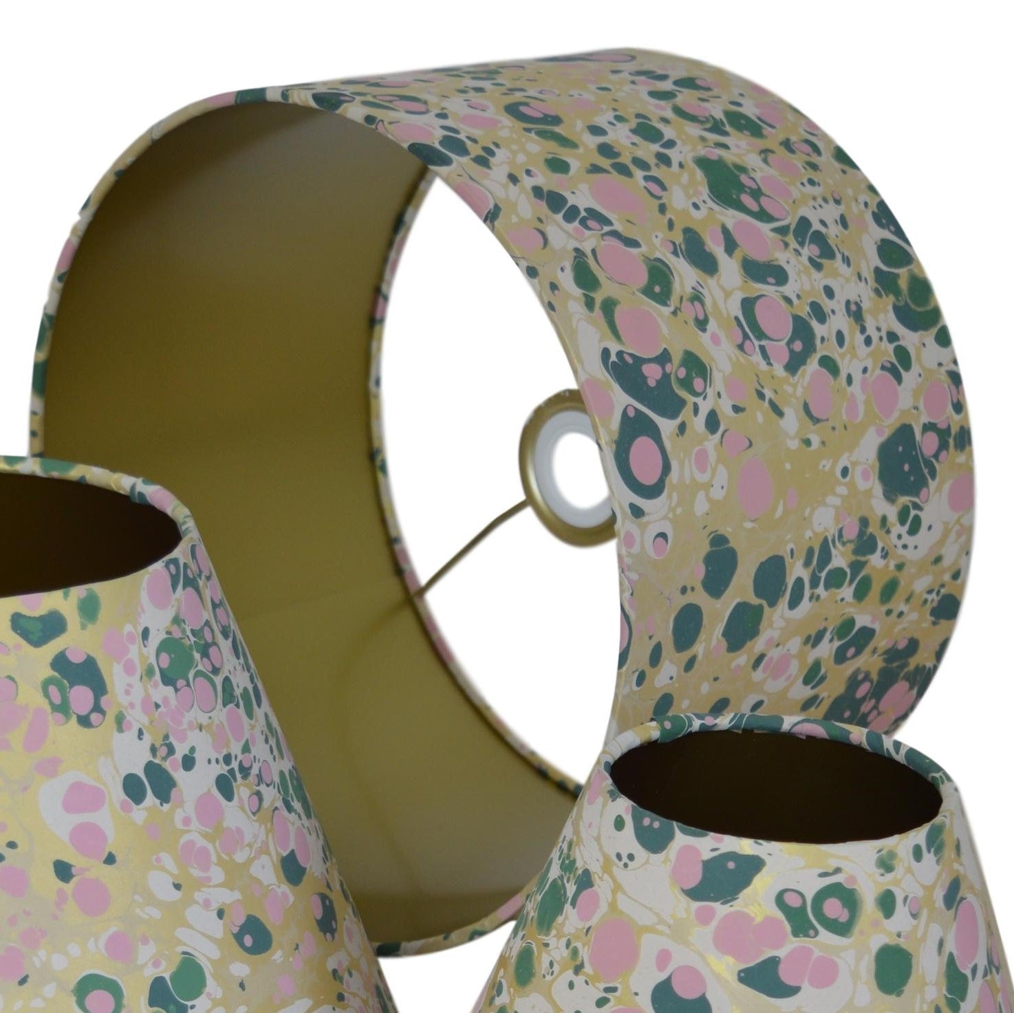Munro and Kerr green pink and metallic gold marbled paper for an empire lampshadeMunro and Kerr green pink and metallic gold marbled paper for a drum lampshade
