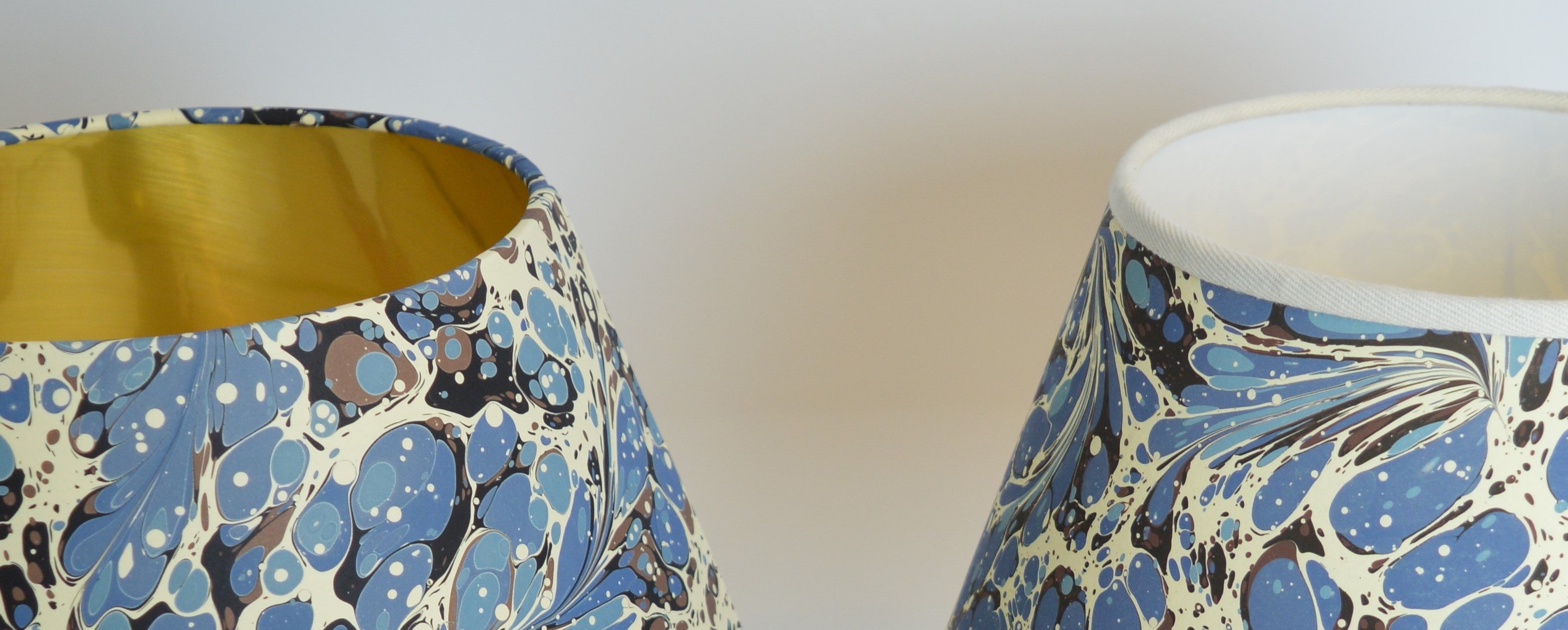 Munro and Kerr blue swirl marbled paper empire lampshade gold or white lining with a cream trim