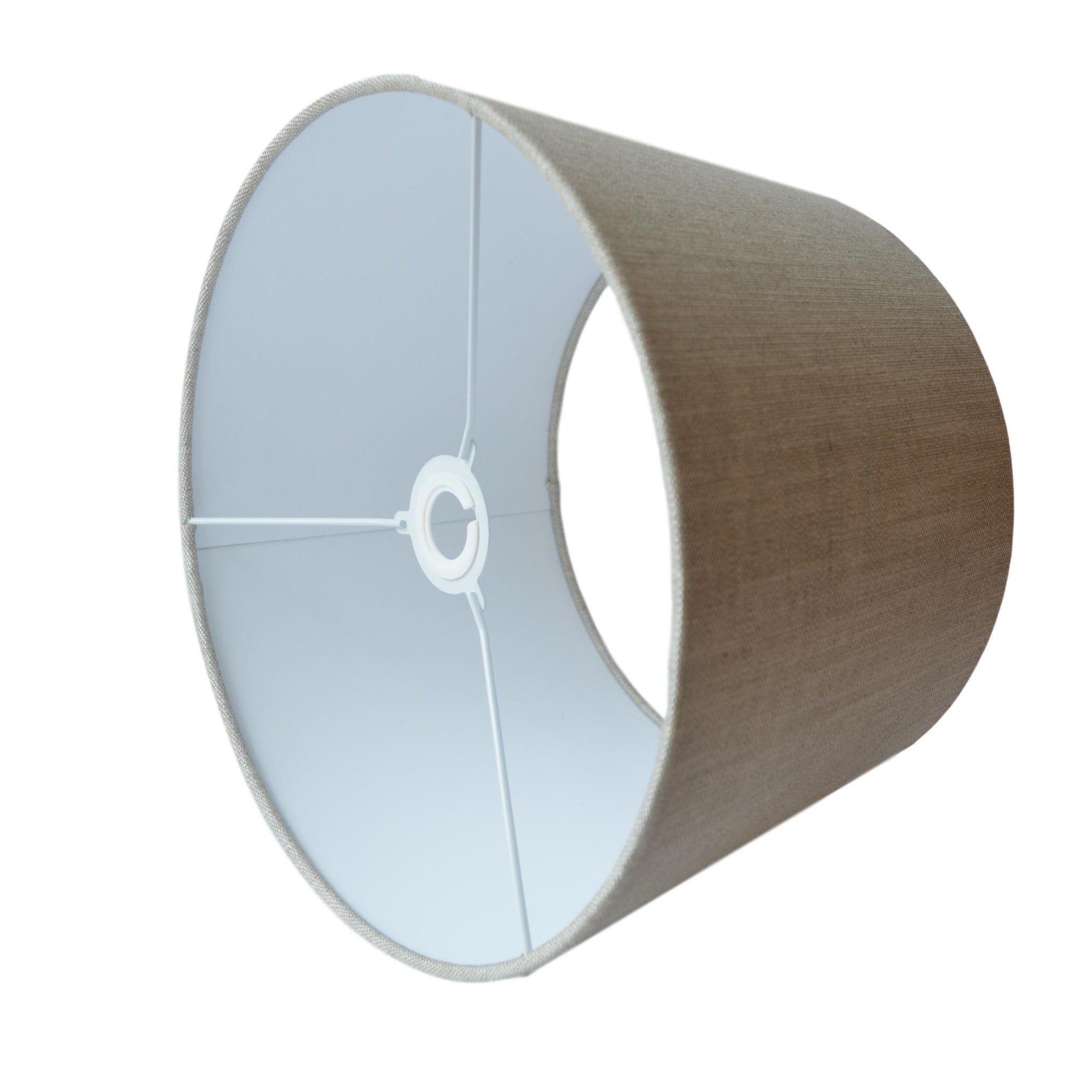 Munro and Kerr customers own material grey linen tapered drum lampshade with white lining