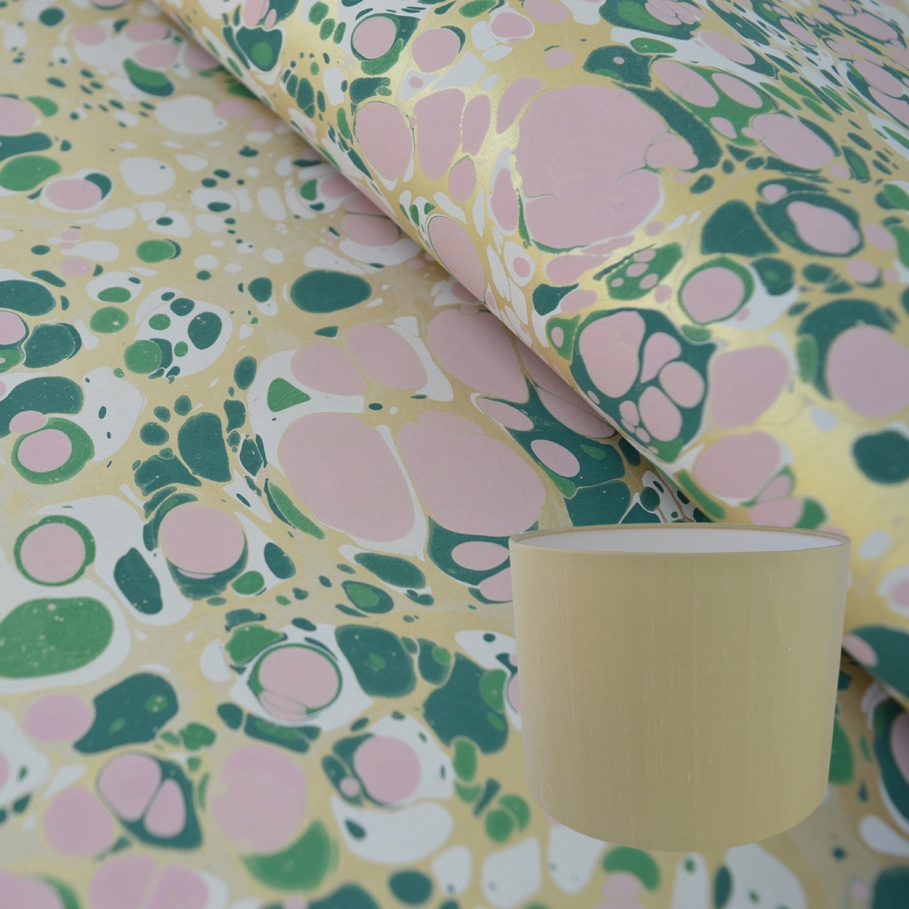 Munro and Kerr green pink and metallic gold marbled paper for a drum lampshade