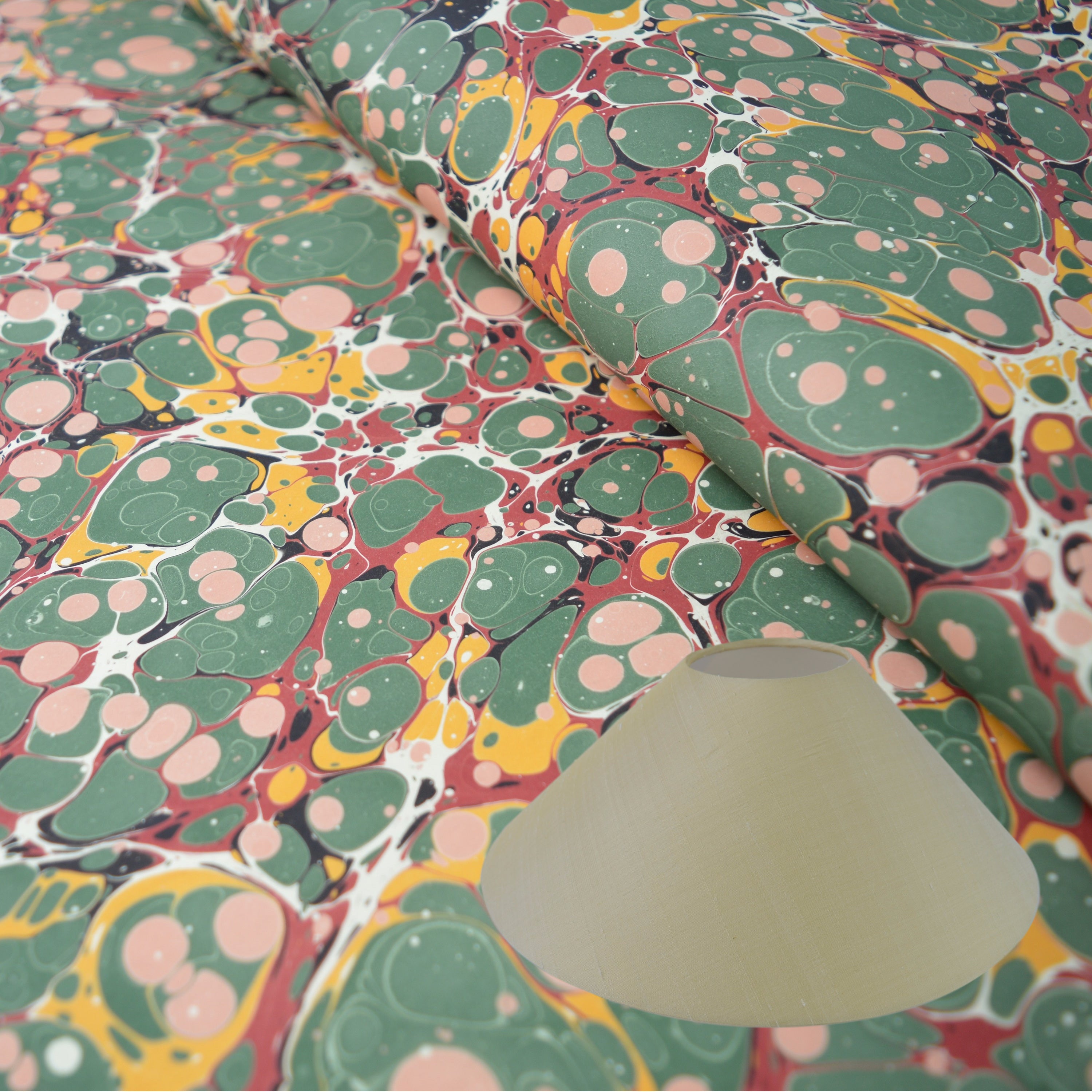 Munro and Kerr traditional antique spot green red yellow paper marbled lampshade coolie