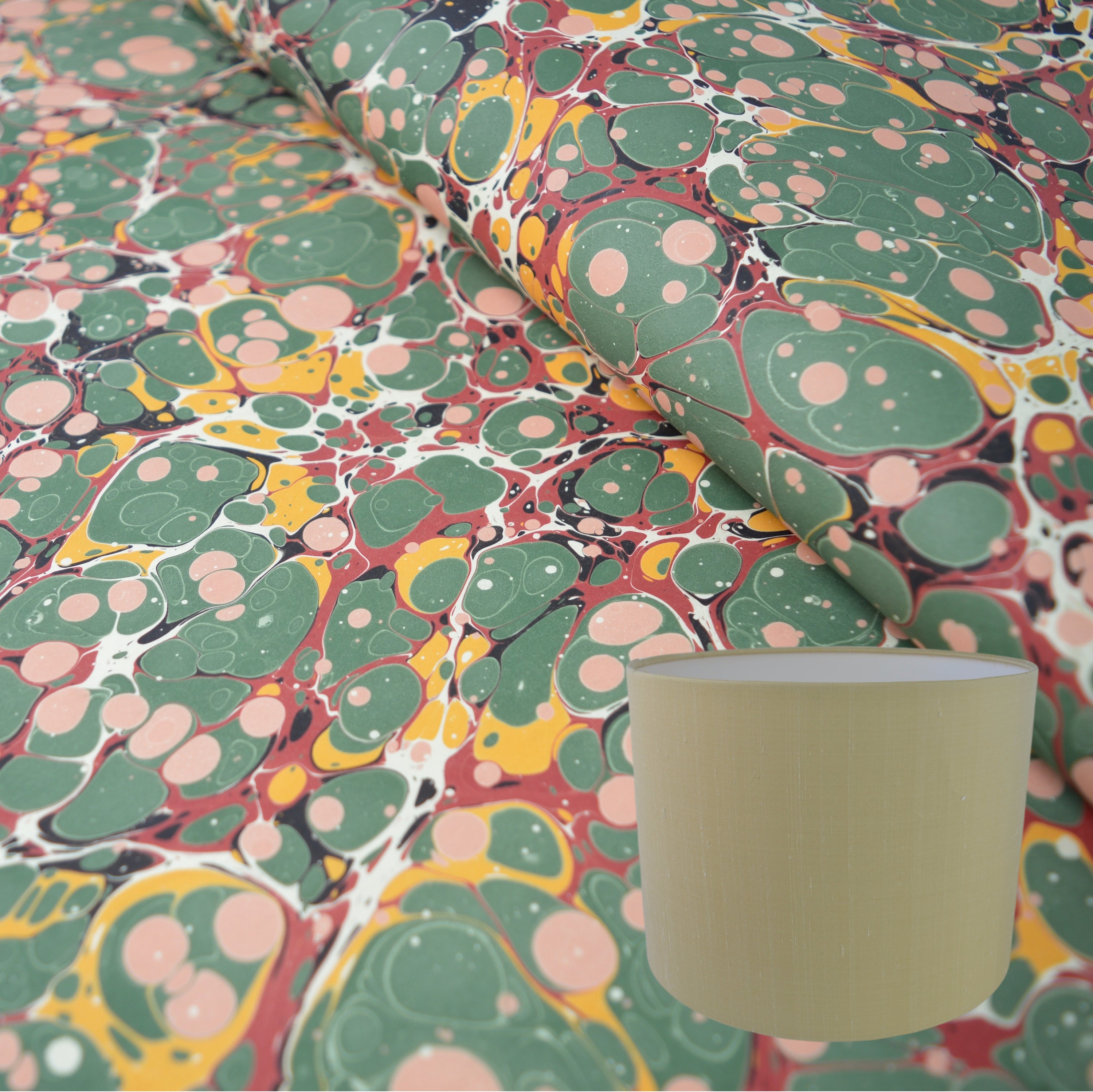 Munro and Kerr traditional antique spot green red yellow paper marbled lampshade drum