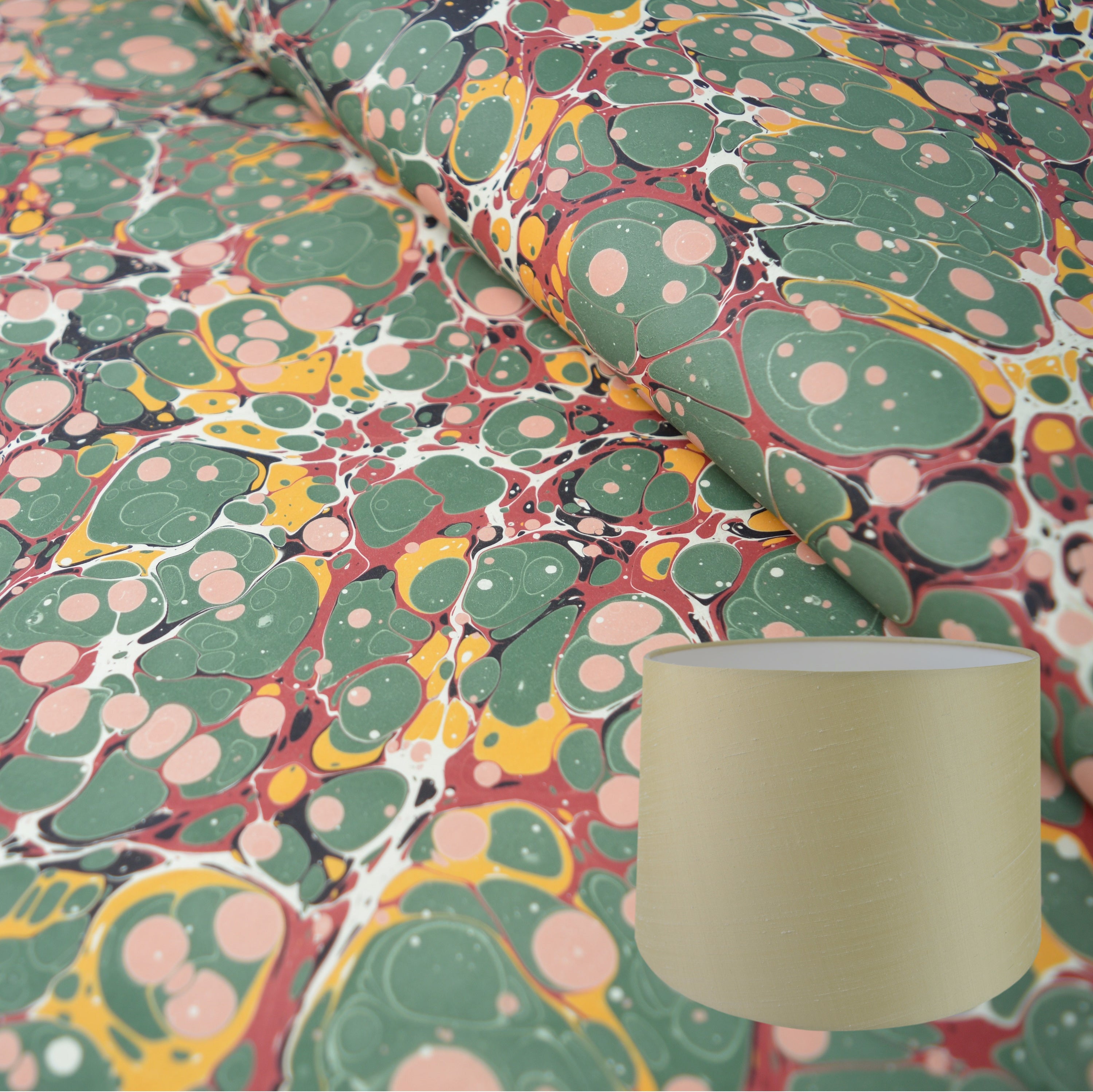 Munro and Kerr traditional antique spot green red yellow paper marbled lampshade tapered drum