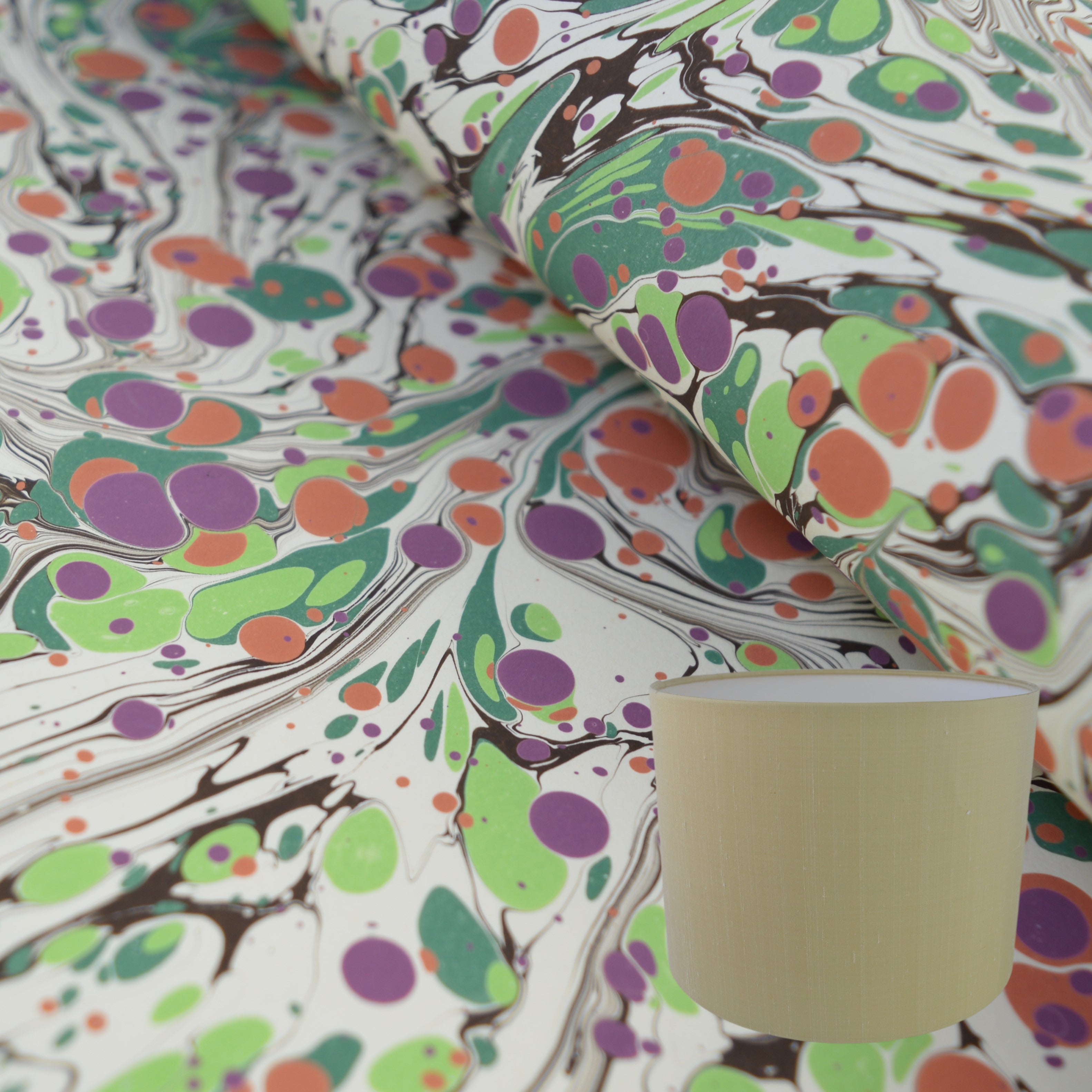 Munro and Kerr modern marbled lampshade drum green cream orange