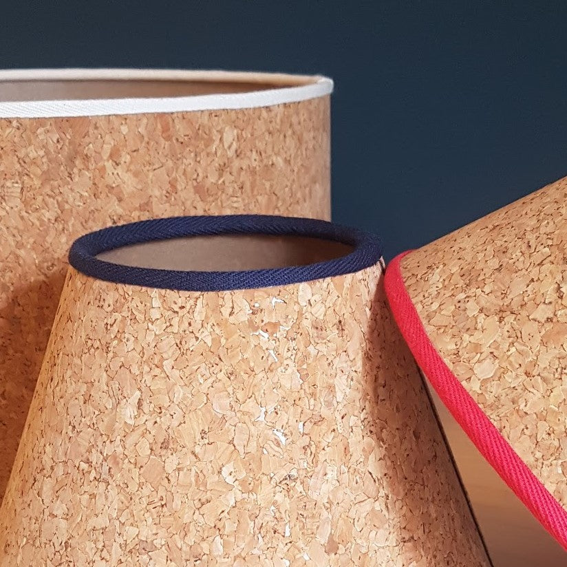 Munro and Kerr handmade cork lampshade with white natural navy black red trim