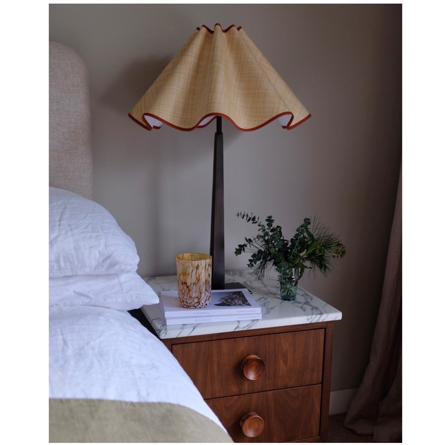 Munro and Kerr collaboration with a Considered Space woven paper rafia wavy scallop lampshade with terracotta trim