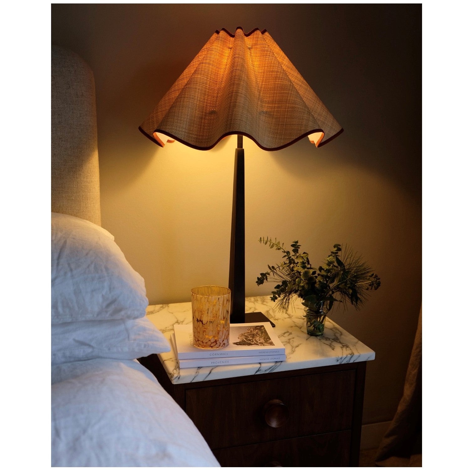 Munro and Kerr collaboration with a Considered Space woven paper rafia wavy scallop lampshade with terracotta trim