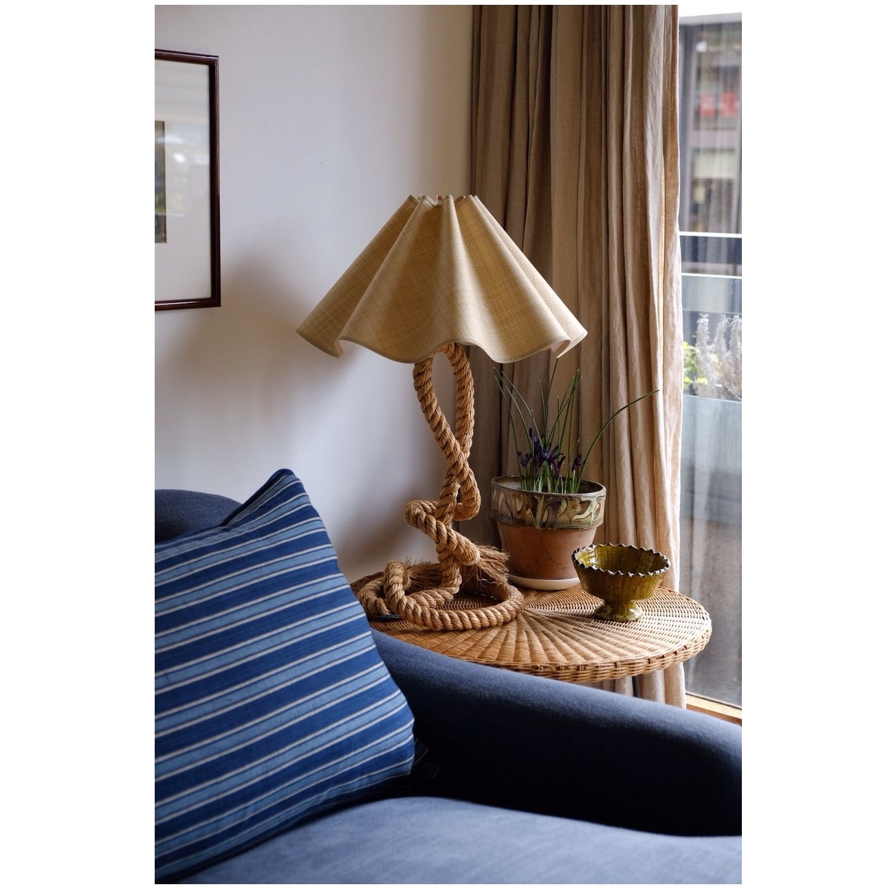 Munro and Kerr collaboration with a Considered Space woven paper rafia wavy scallop lampshade with stone trim