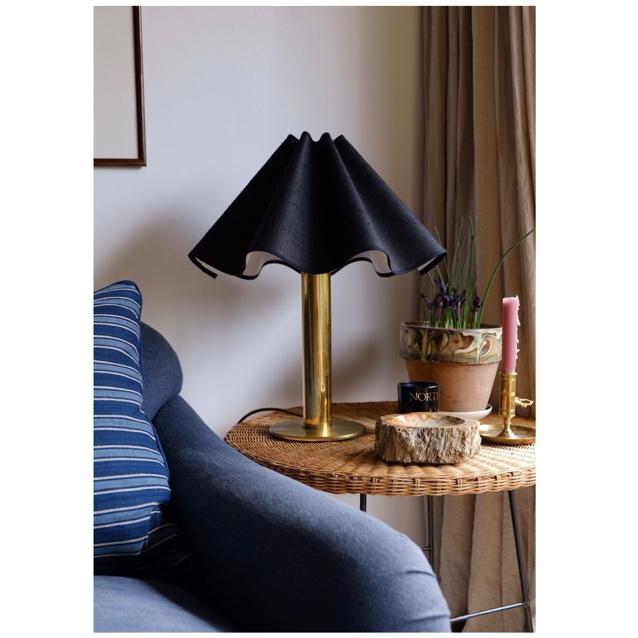 Munro and Kerr collaboration with a Considered Space black silk wavy scallop lampshade with black trim