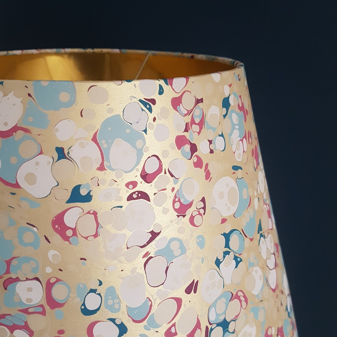 Munro and Kerr blue pink and metallic gold marbled paper for an empire lampshade