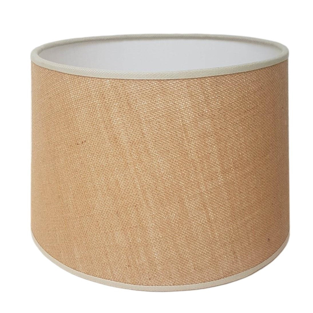 Munro and Kerr natural hessian drum lampshade with coloured binding trim