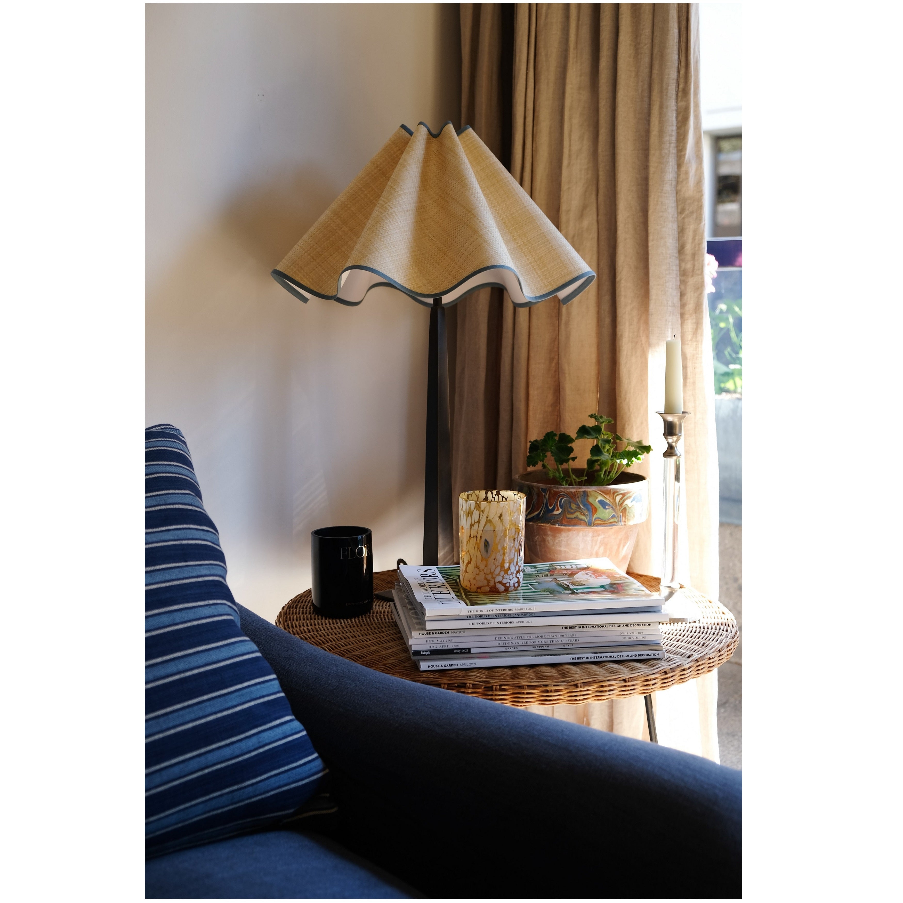 Munro and Kerr collaboration with a Considered Space woven paper rafia wavy scallop lampshade with steel blue trim