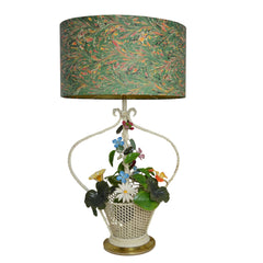 Munro and Kerr Vintage painted tole metal lamp base with marbled paper lampshade in the shape of a woven basket with flowers in. Roses, daisies, leaves, hybiscus.