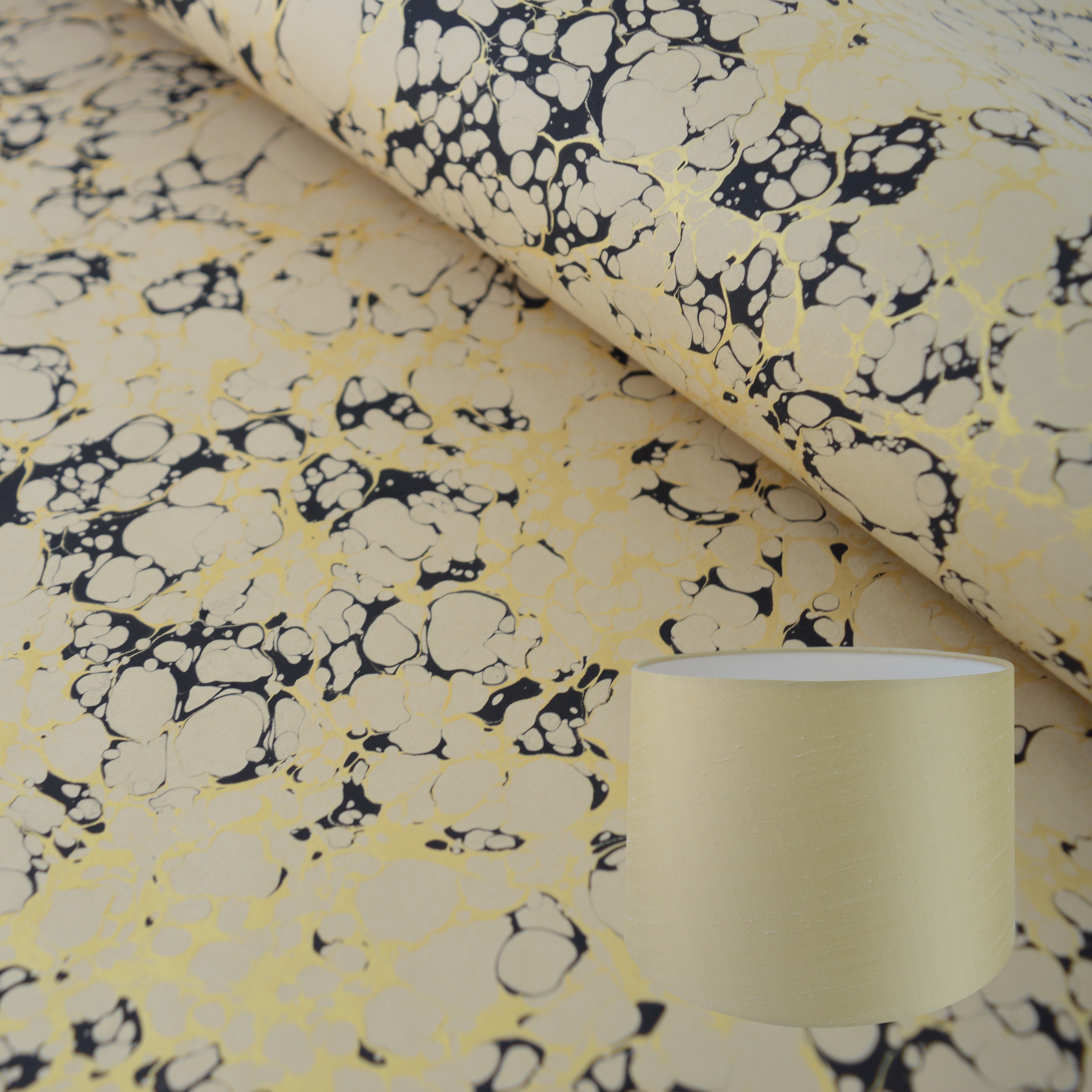 Munro and Kerr detail of stone and gold marbled paper to be used to make tapered drum lampshade