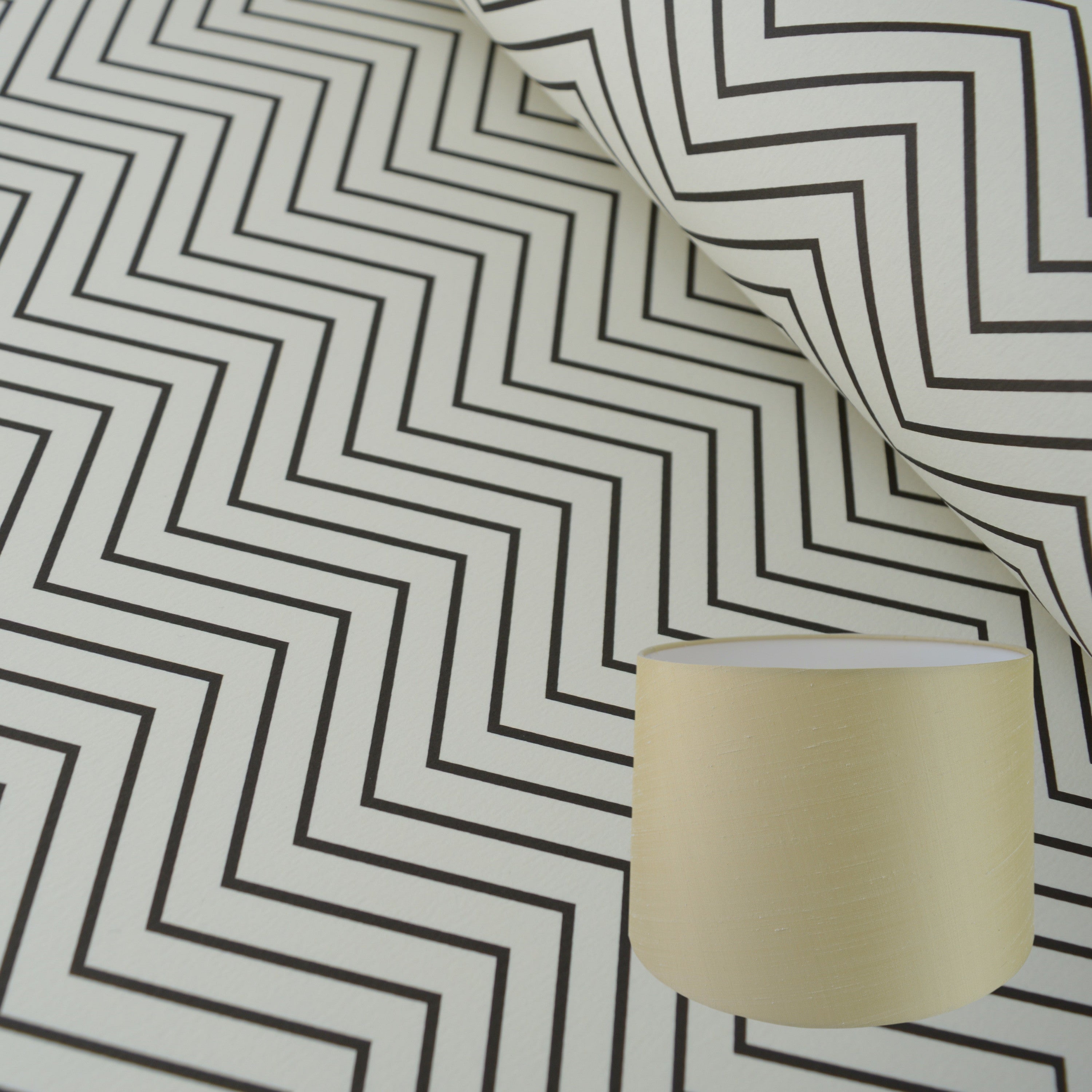 Munro and Kerr zig zag black and white monochrome paper for a tapered drum lampshade