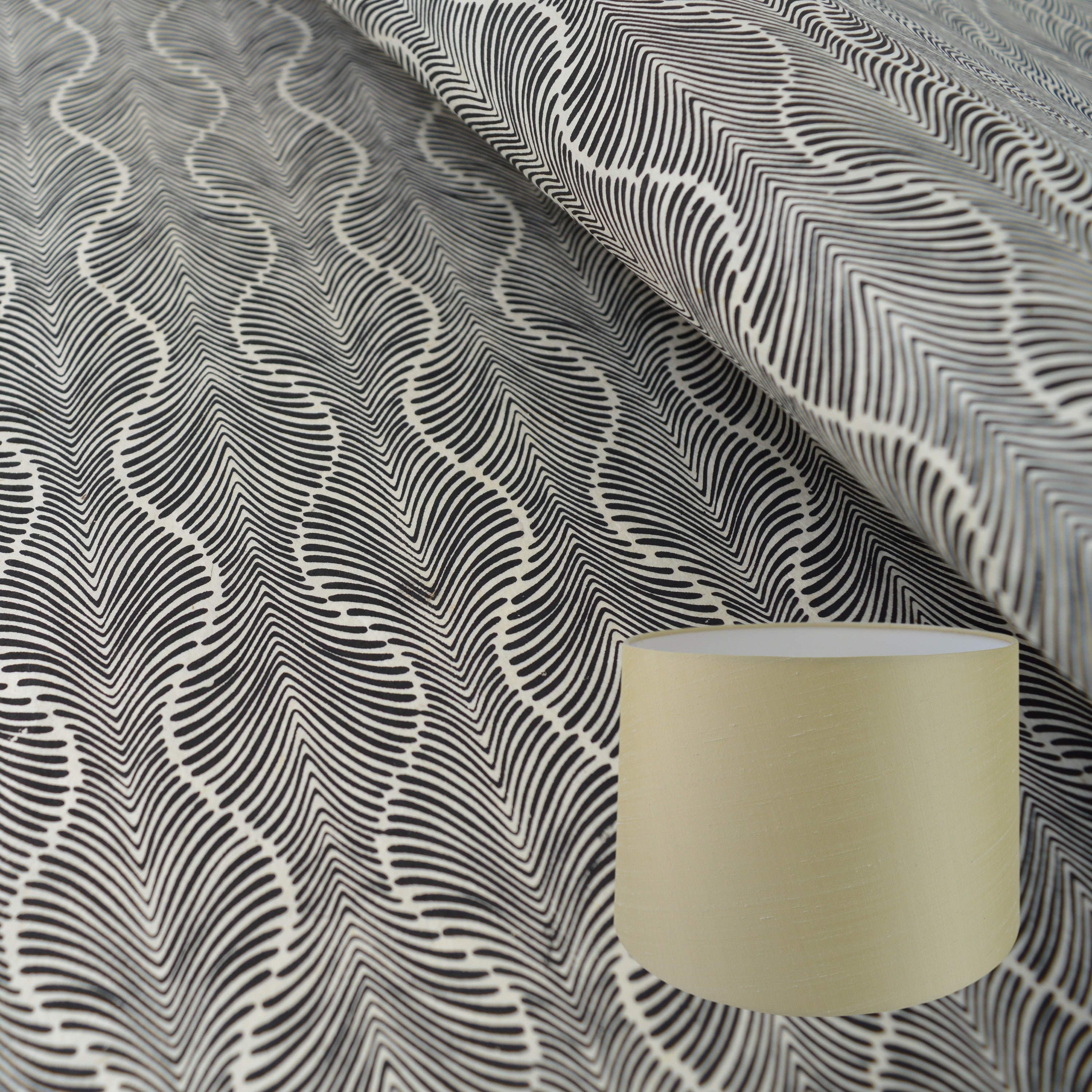 Munro and Kerr black and white monochrome hand printed paper for a tapered drum lampshade