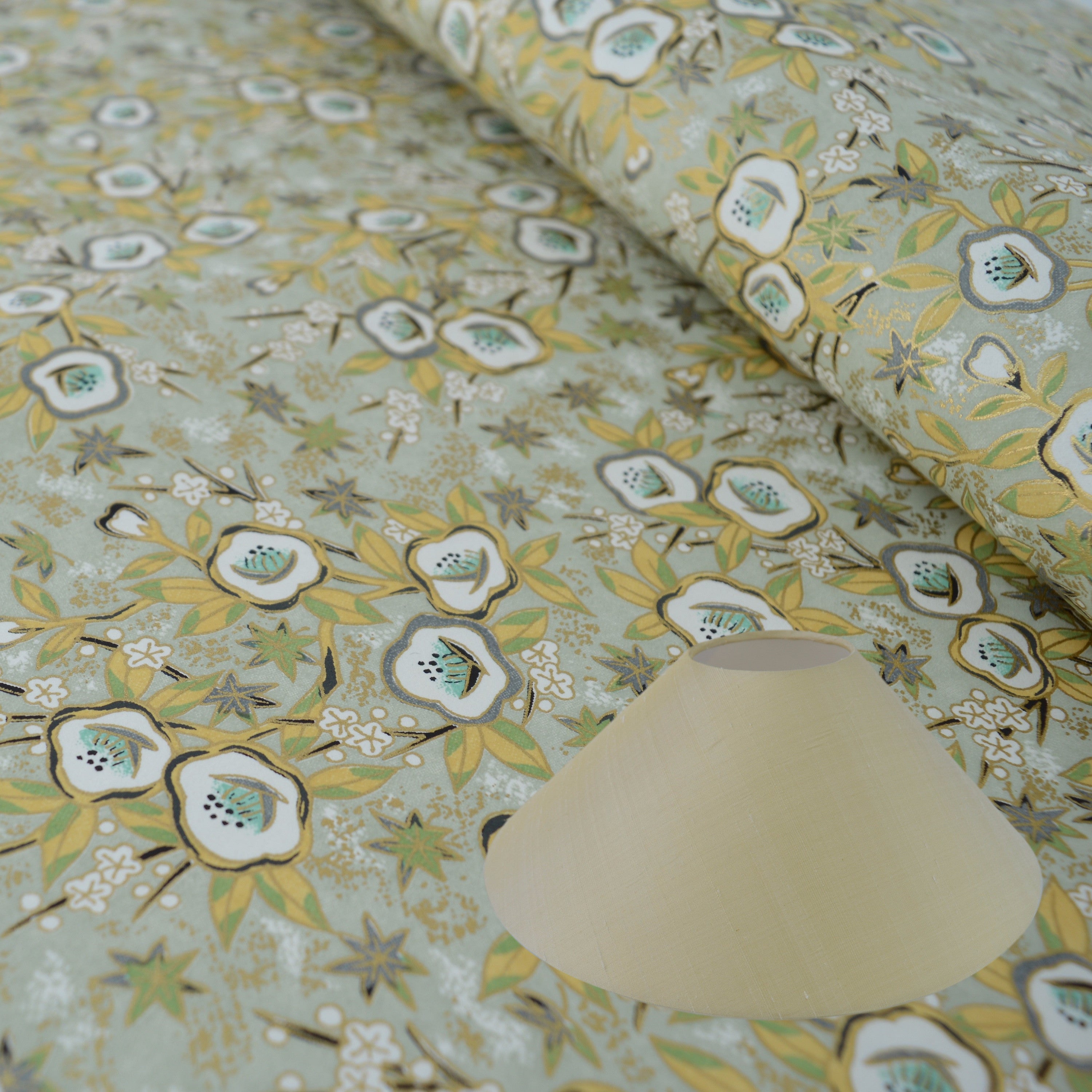 Munro and Kerr gold floral chiyogami paper for making into coolie lampshades