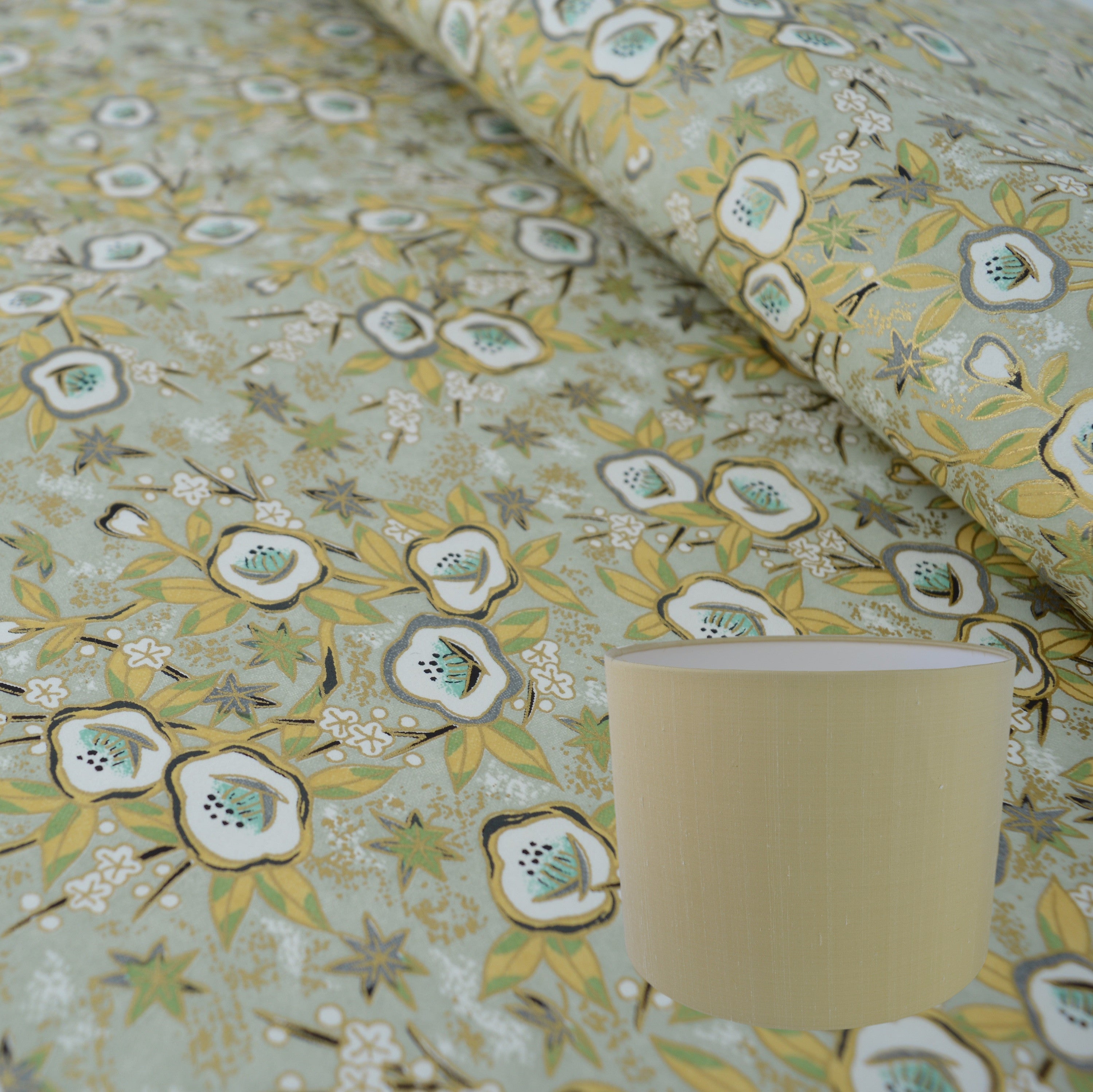 Munro and Kerr gold floral chiyogami paper for a drum lampshades