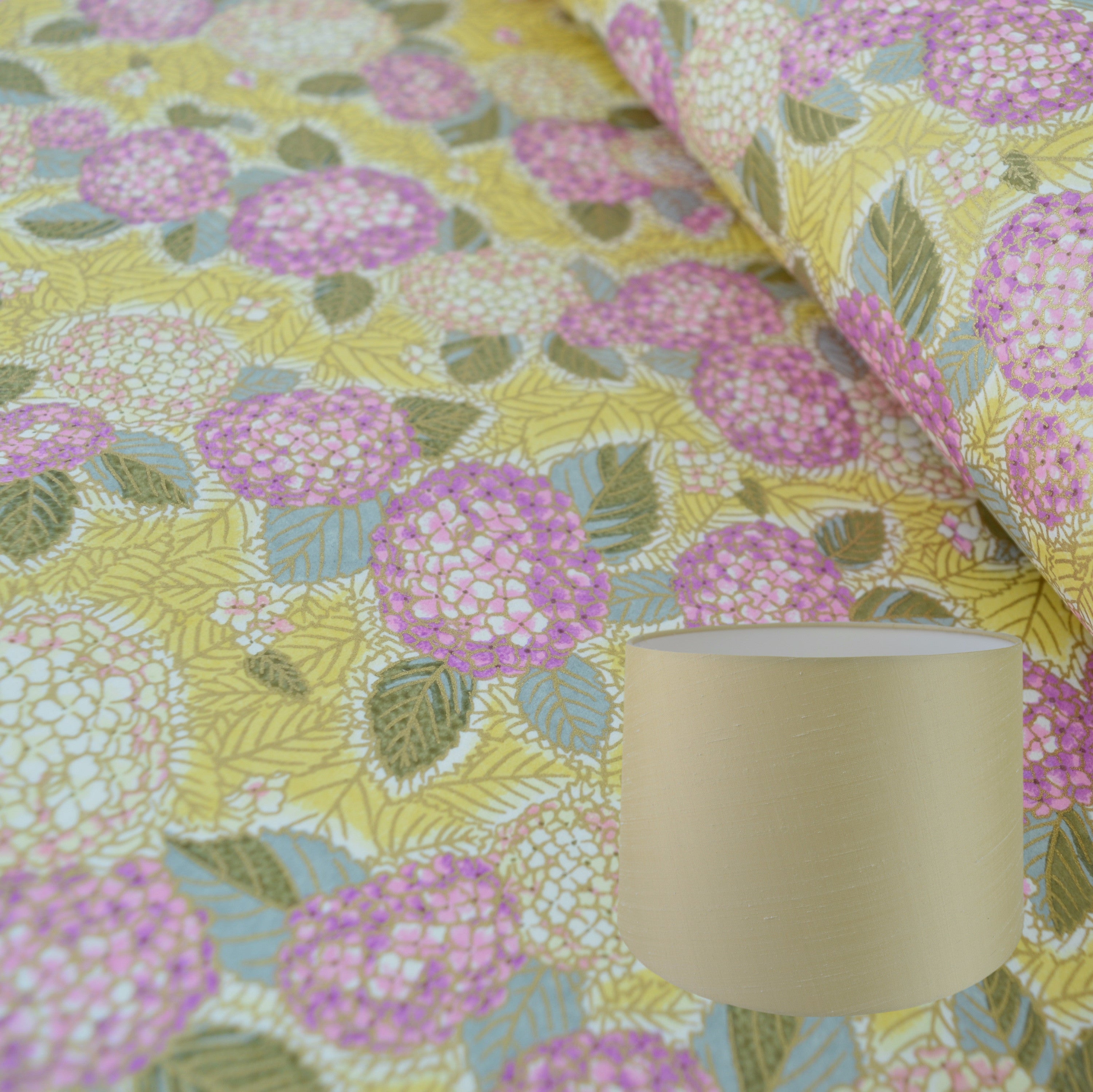 Munro and Kerr gold floral chiyogami paper for making into a tapered drum  lampshade