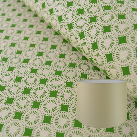 Munro and Kerr green hand printed dandelion paper for a tapered drum lampshade