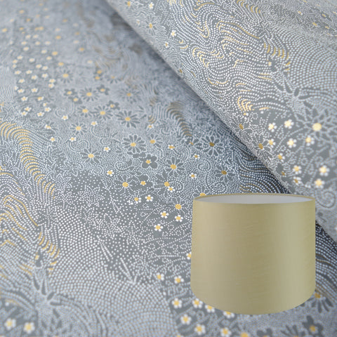 Munro and Kerr grey and gold hand printed paper for a tapered drum lampshade