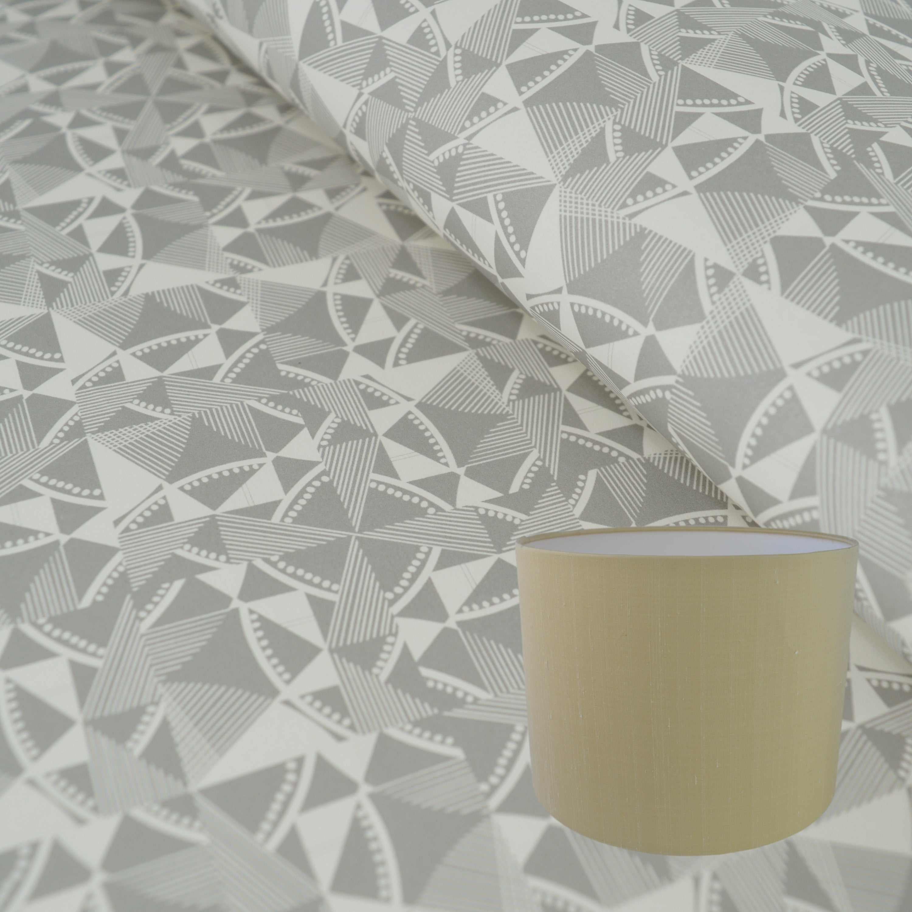 Munro and Kerr grey printed geometric Esme Winter paper for a drum lampshade
